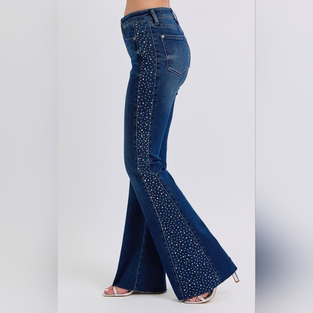 Judy Blue High Rise Dark Wash Rhinestone Side Panel Flare Jeans Raw Hem 9/29 NEW - Picture 6 of 14